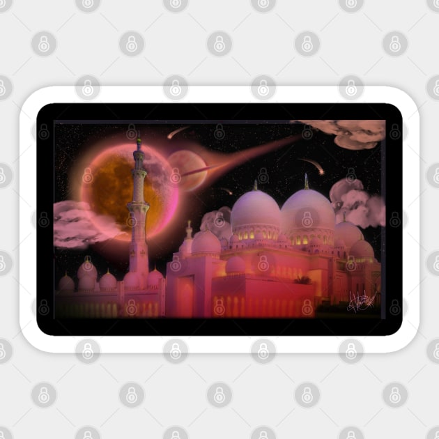 A Aesthetic Pink Night Sky Embraces Beautiful Mosque Sticker by UrbaneWanderlust